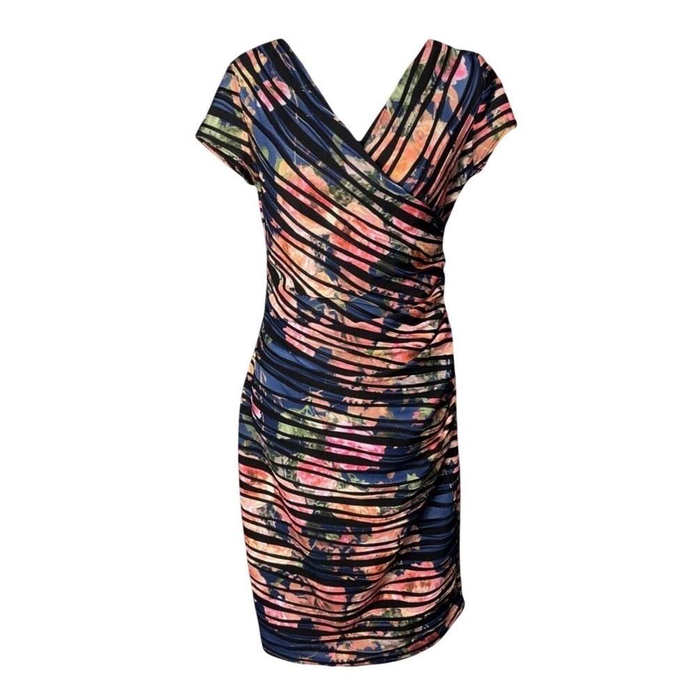 Joseph Ribkoff Floral Striped Ruched Sheath Dress V-Neck Short Sleeve‎ Size 10